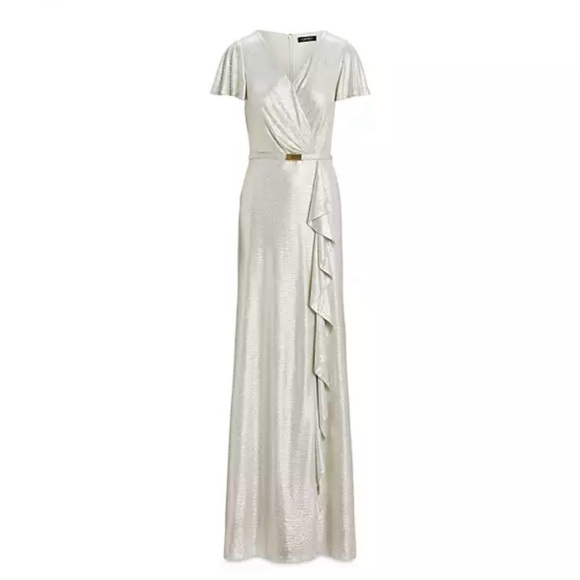 Ralph Lauren Belted Metallic Knit Flutter Sleeve Gown size 4 - Picture 6 of 11